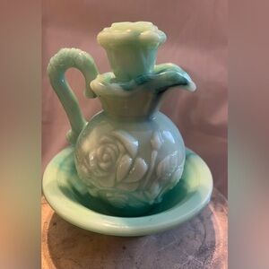 VTG Avon Moonwind Jadeite Green Milk Glass Bath Oil Pitcher w/ Stopper, 5” Tall